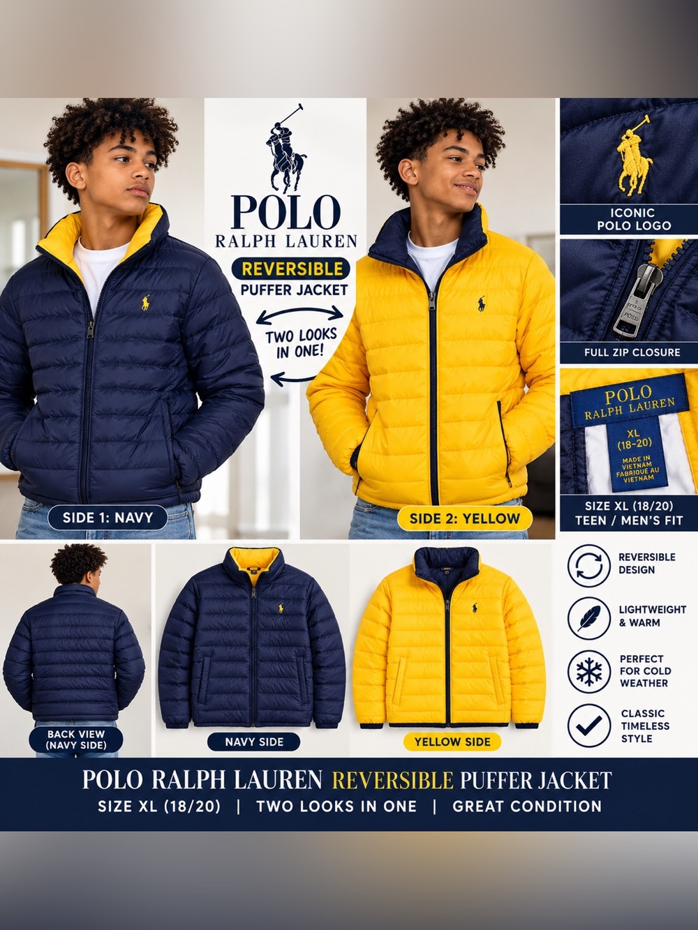 Polo by Ralph Lauren Reversible Puffer Jacket - Navy/Yellow size XL 18/20 NWOT